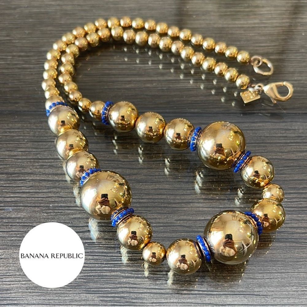 Banana Republic Graduated Gold-tone Beaded Necklace with Blue Accents